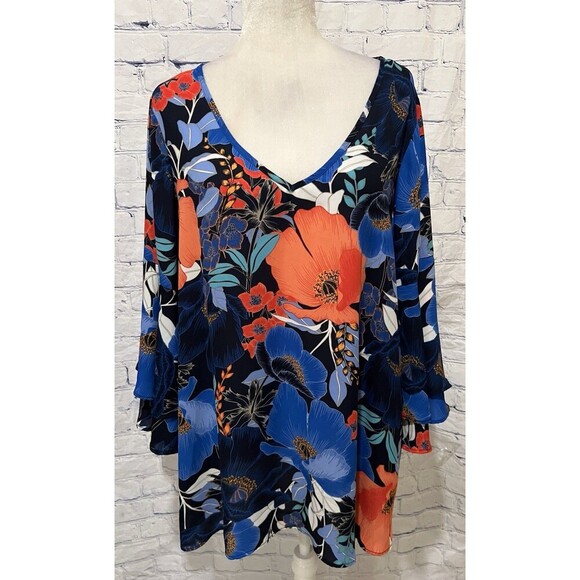 Avenue Tops - Avenue Top Womens Plus 18/20 Floral Watercolor Artsy Flowy Popover Blouse